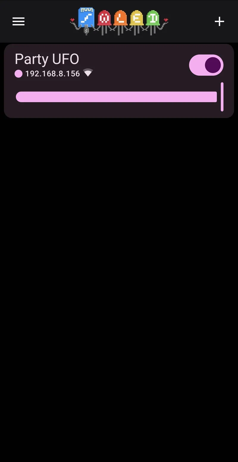 The WLED app device list with the Party UFO connected to wifi