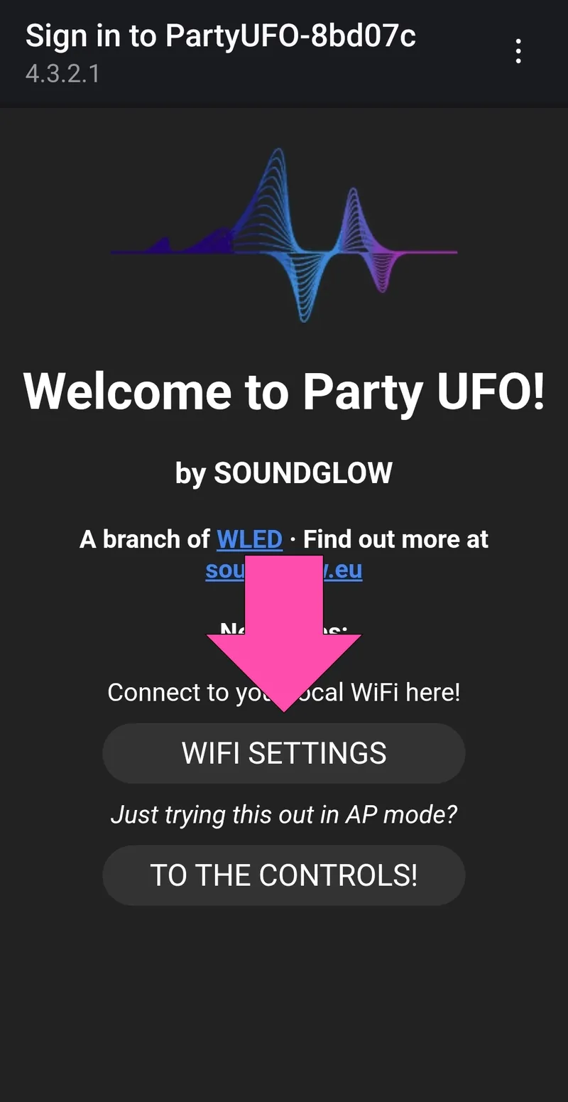 The WLED welcome screen with the WIFI SETTINGS button