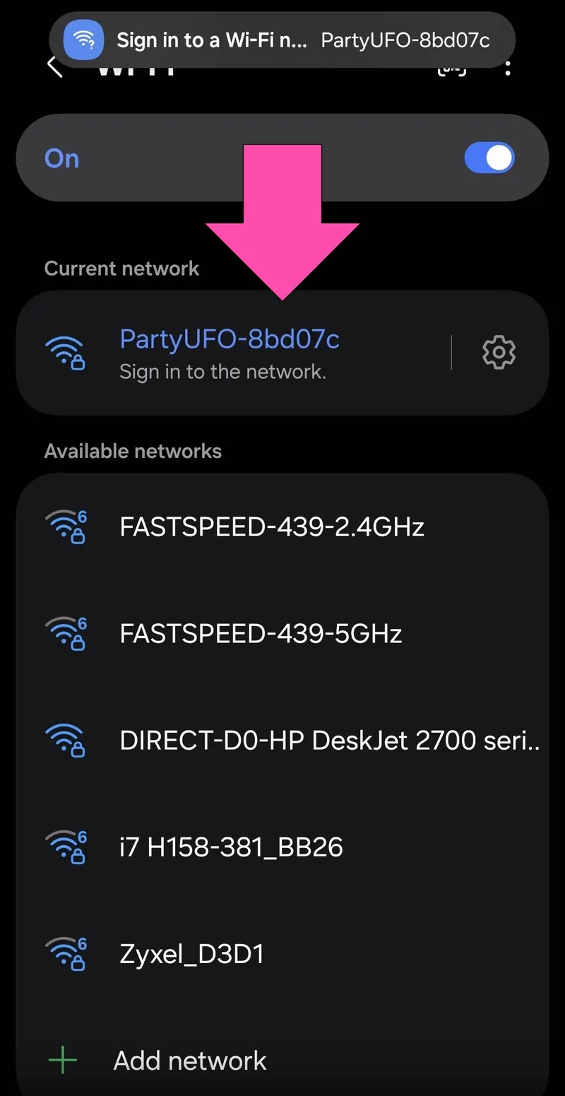 The Party UFO's own wifi network with the prompt to sign in